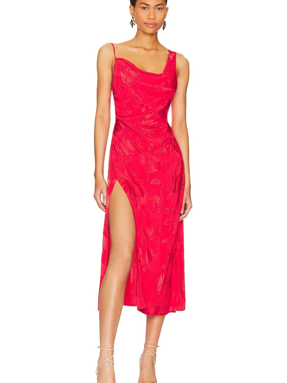 For Love And Lemons Red Jacquard Cowl Midi Slip Dress with Thigh Slit